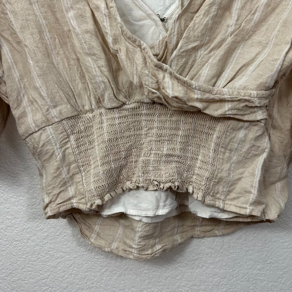 Abercrombie & Fitch Striped Linen Blend Puff Sleeve Surplice Crop Top Faux Wrap - Picture 6 of 9